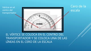 EL VÉRTICE SE COLOCA EN EL CENTRO DEL
TRANSPORTADOR Y SE COLOCA UNA DE LAS
LÍNEAS EN EL CERO DE LA ESCALA
Vértice en el
centro del
transportador
Cero de la
escala
 