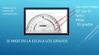SE MIDE EN LA ESCALA LOS GRADOS
Vértice en el
centro del
transportador
De cero hasta
30, por lo
tanto
Mide:
30 grados
 