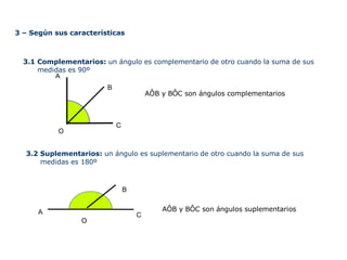 3 – Según sus características
3.1 Complementarios: un ángulo es complementario de otro cuando la suma de sus
medidas es 90º
A
B
3.2 Suplementarios: un ángulo es suplementario de otro cuando la suma de sus
medidas es 180º
B
O
C
AÔB y BÔC son ángulos complementarios
A
O
C
AÔB y BÔC son ángulos suplementarios
 