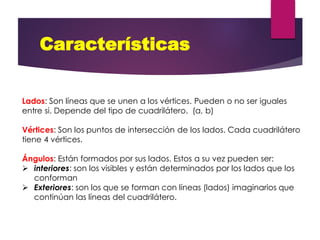 Lados: Son líneas que se unen a los vértices. Pueden o no ser iguales
entre si. Depende del tipo de cuadrilátero. (a, b)
Vértices: Son los puntos de intersección de los lados. Cada cuadrilátero
tiene 4 vértices.
Ángulos: Están formados por sus lados. Estos a su vez pueden ser:
➢ interiores: son los visibles y están determinados por los lados que los
conforman
➢ Exteriores: son los que se forman con líneas (lados) imaginarios que
continúan las líneas del cuadrilátero.
Características
 