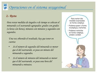 Operaciones en el sistema sexagesimal
2.- Resta
Para restar medidas de ángulos o de tiempo se colocan el
minuendo y el sustraendo agrupados: grados con grados
(u horas con horas), minutos con minutos y segundos con
segundos.

  Una vez obtenido el resultado, hay que tener en
  cuenta:
  •    Si el número de segundos del minuendo es menor
      que el del sustraendo, se pasa un minuto del
      minuendo a segundos.
  •    Si el número de minutos del minuendo es menor
      que el del sustraendo, se pasa una hora del
      minuendo a minutos.
 