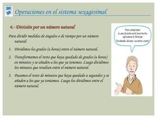 Operaciones en el sistema sexagesimal

4.- División por un número natural
Para dividir medidas de ángulos o de tiempo por un número
   natural:
1. Dividimos los grados (u horas) entre el número natural.
2. Transformamos el resto que haya quedado de grados (u horas)
   en minutos y se añaden a los que ya tenemos. Luego dividimos
   los minutos que resultan entre el número natural.
3. Pasamos el resto de minutos que haya quedado a segundos y se
   añaden a los que ya teníamos. Luego los dividimos entre el
   número natural.
 