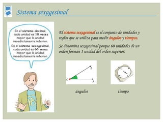 Sistema sexagesimal

               El sistema sexagesimal es el conjunto de unidades y
               reglas que se utiliza para medir ángulos y tiempos.
               Se denomina sexagesimal porque 60 unidades de un
               orden forman 1 unidad del orden superior.




                         ángulos                    tiempo
 