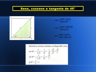 19
Seno, cosseno e tangente de 45°


                           cateto oposto
                   senα=
                           hipotenusa

                           cateto adjacente
                   cosα=
                           hipotenusa

                          cateto oposto
                   tgα=
                          cateto adjacente
 