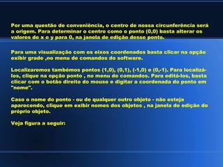 Por uma questão de conveniência, o centro de nossa circunferência será
a origem. Para determinar o centro como o ponto (0,0) basta alterar os
valores de x e y para 0, na janela de edição desse ponto.


Para uma visualização com os eixos coordenados basta clicar na opção
exibir grade ,no menu de comandos do software.

Localizaremos tambémos pontos (1,0), (0,1), (-1,0) e (0,-1). Para localizá-
los, clique na opção ponto , no menu de comandos. Para editá-los, basta
clicar com o botão direito do mouse e digitar a coordenada do ponto em
"nome".

Caso o nome do ponto - ou de qualquer outro objeto - não esteja
aparecendo, clique em exibir nomes dos objetos , na janela de edição do
próprio objeto.

Veja figura a seguir:
 