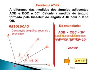 17/12/16
A diferença das medidas dos ângulos adjacentes
AOB e BOC é 30°. Calcule a medida do ângulo
formado pela bissetriz do ângulo AOC com o lado
OB.
A
O
B
C
θ
θ
X
(θ- X)
( θ + X) (θ - X)= 30º
2X=30º
X = 15°X = 15°
Problema Nº 05
RESOLUÇÃO
M
Construção do gráfico segundo o
enunciado
Do enunciado:
AOB - OBC = 30°
-
Logo se substitui pelo que
se observa no gráfico
 