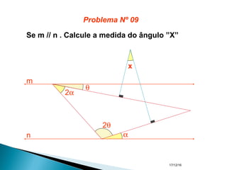 17/12/16
Se m // n . Calcule a medida do ângulo ”X”
α
2α
x
m
n
θ
2θ
Problema Nº 09
 