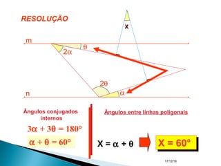 17/12/16
3α + 3θ = 180°
α + θ = 60°α + θ = 60°
Ângulos entre línhas poligonais
X = α + θ X = 60°X = 60°
RESOLUÇÃO
α
2α
x
m
n
θ
2θ
x
Ângulos conjugados
internos
 