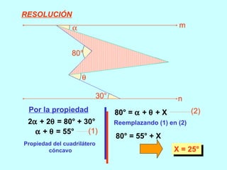 2   + 2   = 80° + 30° Por la propiedad Propiedad del cuadrilátero  cóncavo Reemplazando (1) en (2) 80° = 55° + X X = 25° RESOLUCIÓN    +    = 55° (1) 80° =    +    + X (2) 80° 30°     X m n 