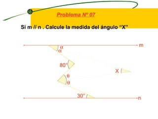 Problema Nº 07

Si m // n . Calcule la medida del ángulo “X”


               α                               m
               α

               80°
                                      X
                   θ
                   θ

                       30°                     n
 