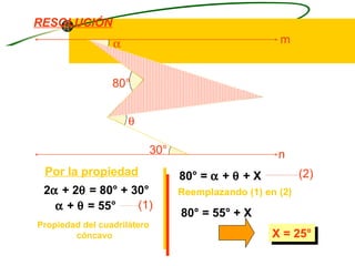 RESOLUCIÓN
                α                                      m
                α

                 80°
                                             X
                    θ
                    θ

                             30°                       n
 Por la propiedad                  80° = α + θ + X           (2)
 2α + 2θ = 80° + 30°               Reemplazando (1) en (2)
   α + θ = 55°    (1)
                                   80° = 55° + X
Propiedad del cuadrilátero
        cóncavo                                       X = 25°
 