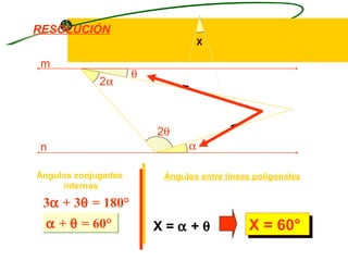 RESOLUCIÓN
                                   x
m
                     θ
             2α



                         2θ
n                              α

Ángulos conjugados        Ángulos entre líneas poligonales
     internos

 3α + 3θ = 180°
 α + θ = 60°             X=α+θ               X = 60°
 