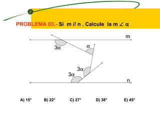 PROBLEMA 03.- Si m // n . Calcule la m ∠ α

                                           m

               3α             α



                         3α
                    3α
                                            n


 A) 15°   B) 22°    C) 27°        D) 38°   E) 45°
 