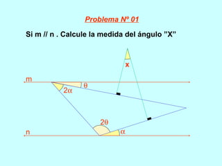 Si m // n . Calcule la medida del ángulo ”X”
α
2α
x
m
n
θ
2θ
Problema Nº 01
 