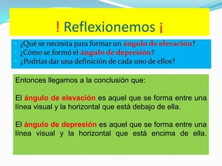 ! Reflexionemos ¡
 ¿Qué se necesita para formar un ángulo de elevación?
 ¿Cómo se formó el ángulo de depresión?
 ¿Podrías dar una definición de cada uno de ellos?

Entonces llegamos a la conclusión que:

El ángulo de elevación es aquel que se forma entre una
línea visual y la horizontal que está debajo de ella.

El ángulo de depresión es aquel que se forma entre una
línea visual y la horizontal que está encima de ella.
 