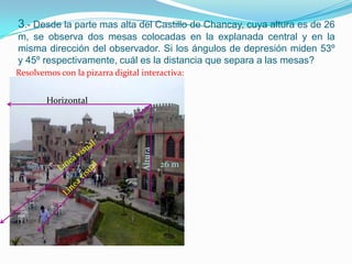 3.- Desde la parte mas alta del Castillo de Chancay, cuya altura es de 26
m, se observa dos mesas colocadas en la explanada central y en la
misma dirección del observador. Si los ángulos de depresión miden 53º
y 45º respectivamente, cuál es la distancia que separa a las mesas?
Resolvemos con la pizarra digital interactiva:


        Horizontal




                                  Altura
                                           26 m
 
