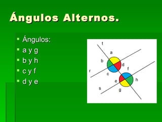 Ángulos Alternos. Ángulos: a y g b y h c y f d y e 