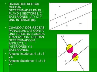 DADAS DOS RECTAS QUEDAN DETERMINADAS EN EL PLANO 3 SECTORES, 2 EXTERIORES  (A Y C) Y UNO INTERIOR (B). CUANDO A DOS RECTAS PARALELAS LAS CORTA UNA TERCERA LLAMADA TRANSVERSAL QUEDAN DETERMINADOS 8 ANGULOS, 4 INTERIORES Y 4 EXTERIORES. Ángulos Interiores: 4 ; 3 ; 5 y 6. Ángulos Exteriores: 1 ; 2 ; 8 y 7. 