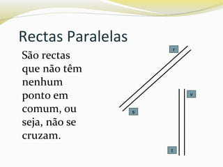 Rectas Paralelas
São rectas
que não têm
nenhum
ponto em
comum, ou
seja, não se
cruzam.
r
s
t
v
 