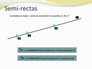 Semi-rectas
Considera a recta r, onde se encontram os pontos A, B e T
r
A
T
B
TA – é a SEMI-RECTA de origem em T e que passa por A
TB – é a SEMI-RECTA que começa em T e passa por B
 
