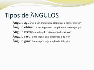 Tipos de ÂNGULOS
Ângulo agudo: é um ângulo cuja amplitude é menor que 90º.
Ângulo obtuso: é um ângulo cuja amplitude é maior que 90º.
Ângulo recto: é um ângulo cuja amplitude é de 90º.
Ângulo raso: é um ângulo cuja amplitude é de 180º.
Ângulo giro: é um ângulo cuja amplitude é de 360º.
 