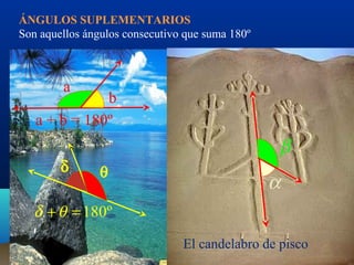ÁNGULOS SUPLEMENTARIOS
Son aquellos ángulos consecutivo que suma 180º

a

b
a + b = 180º
δ

β
θ

α

δ + θ = 180º
El candelabro de pisco

 