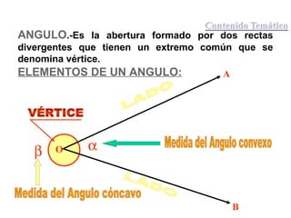 ANGULO.-Es la abertura formado por dos rectas 
divergentes que tienen un extremo común que se 
denomina vértice. 
ELEMENTOS DE UN ANGULO: 
b O 
A 
B 
a 
 