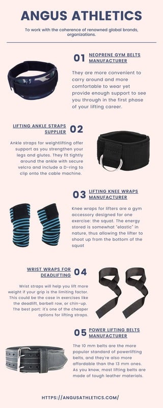 01
02
ANGUS ATHLETICS
To work with the coherence of renowned global brands,

organizations.
NEOPRENE GYM BELTS

MANUFACTURER
LIFTING KNEE WRAPS

MANUFACTURER
POWER LIFTING BELTS

MANUFACTURER
HTTPS://ANGUSATHLETICS.COM/
LIFTING ANKLE STRAPS

SUPPLIER
WRIST WRAPS FOR

DEADLIFTING
03
05
04
They are more convenient to

carry around and more

comfortable to wear yet

provide enough support to see

you through in the first phase

of your lifting career.
Knee wraps for lifters are a gym

accessory designed for one

exercise: the squat. The energy

stored is somewhat “elastic” in

nature, thus allowing the lifter to

shoot up from the bottom of the

squat
The 10 mm belts are the more

popular standard of powerlifting

belts, and they're also more

affordable than the 13 mm ones.
As you know, most lifting belts are

made of tough leather materials.
Ankle straps for weightlifting offer

support as you strengthen your

legs and glutes. They fit tightly

around the ankle with secure

velcro and include a D-ring to

clip onto the cable machine.
Wrist straps will help you lift more

weight if your grip is the limiting factor.

This could be the case in exercises like

the deadlift, barbell row, or chin-up. 

The best part: it's one of the cheaper

options for lifting straps.
 