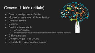Genèse - L’idée (initiale)
● Cloud + Intelligence Artificielle
● Modèle “as a service”: AI As A Service
● Données terrain
● Sensing
● Produit minimal viable:
○ un “cloud” simpliste
○ des services que nous connaissons bien (intéraction homme machine)
● Ciblage: makers
● Un nom: Angus (Mac Gyver)
● Un pitch: Giving senses to machine
 
