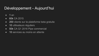 Développement - Aujourd’hui
● 1 an
● 60k CA 2015
● 200 clients sur la plateforme beta gratuite
● 10 utilisateurs réguliers
● 50k CA Q1 2016 Pipe commercial
● 10 services au moins en attente
 