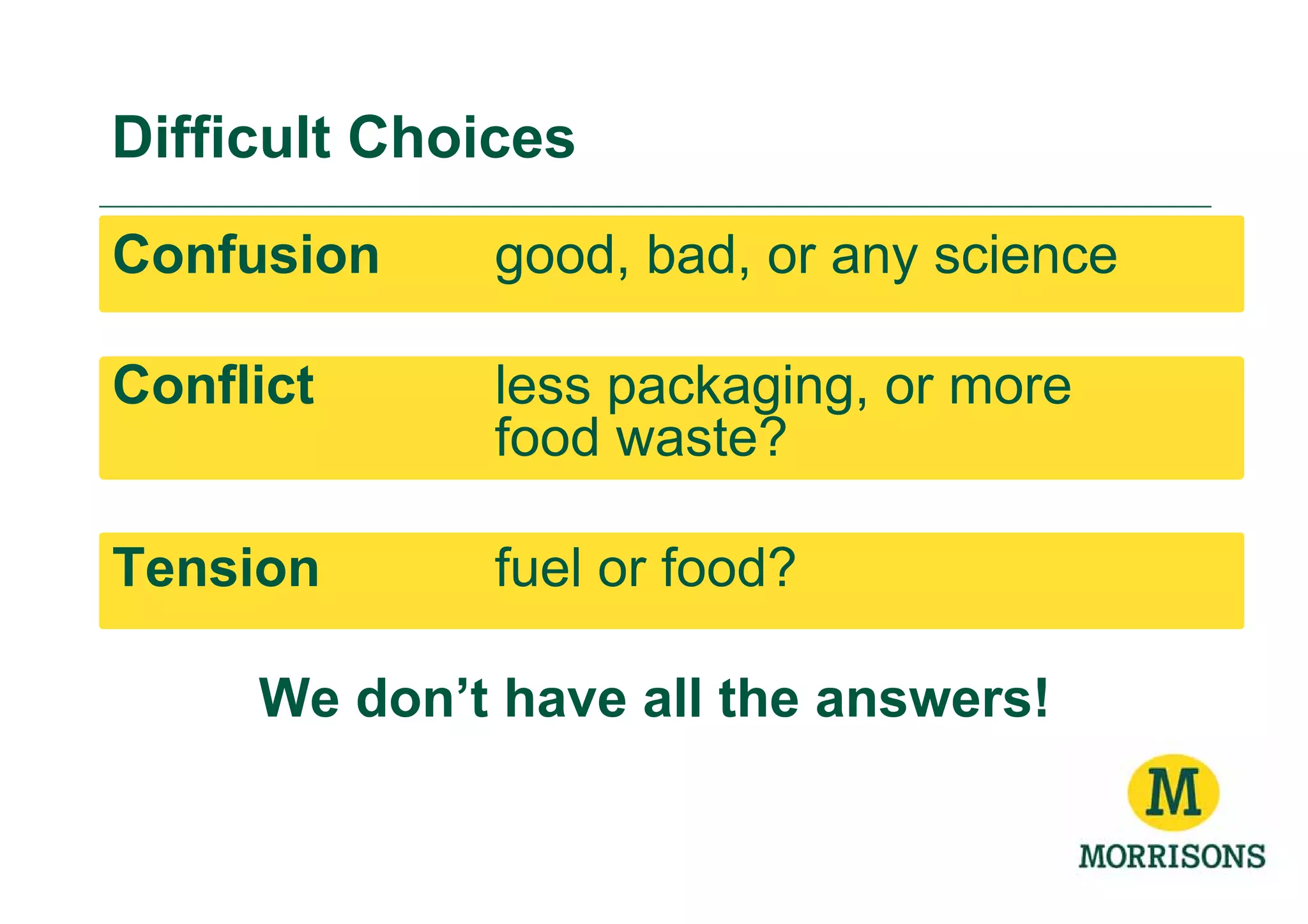 Difficult Choices
Confusion     good, bad, or any science

Conflict      less packaging, or more
              food waste?

Tension       fuel or food?

     We don’t have all the answers!
 