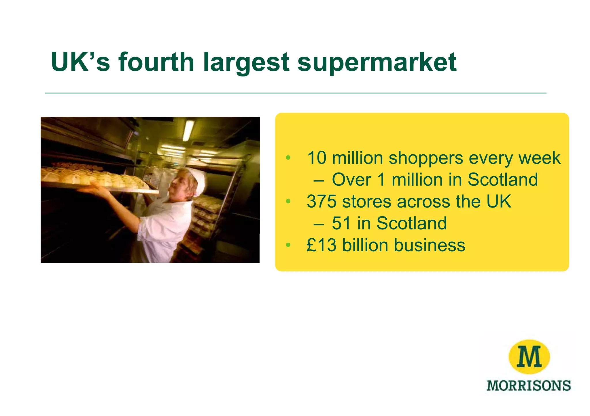UK’s fourth largest supermarket


                 • 10 million shoppers every week
                    – Over 1 million in Scotland
                 • 375 stores across the UK
                    – 51 in Scotland
                 • £13 billion business
 