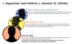 Trajano Pereira de Aquino Cavalcante e Silva
Camilo Pereira da Silva
Luís da Silva
a degeneração socio-histórica e emocional do indivíduo
avô de Luís. Fazendeiro rico, mas já decadente. Homem de personalidade forte. Luís inveja a
coragem e o caráter do avô. Mas Trajano acaba seus dias pobre, bêbado e esclerosado.
pai de Luís. Preguiçoso, rude e inútil. Passa dias na rede, lendo muito. Desperdiça o dinheiro da
família deixado por seu pai, Trajano ( que já era decadente) . Como pai, é ausente e displicente
e isola o menino dos outros. Morre quando Luís tem 14 anos..
É o protagonista. “é assombrado por esses e outros fantasmas de seu passado. Afunda-se num universo
de faltas ao emprego, bebida, fumo e dívidas” (UOL Educação).
“Um sujeito feio, os olhos baços, a boca muito grande, o nariz grosso, um sorriso besta e a
atrapalhação, o encolhimento que é mesmo uma desgraça.” (ANGÚSTIA)
 