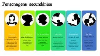 Personagens secundários
Vitória D. Adélia Sr. Ramalho Moisés Pimentel Sr. Ivo
Empregada
e “agregada” de Luís
Mãe de Marina Pai de Marina
Socialista radical
Panfletário contra a
opressão social.
Inteligente, revoltado e
poliglota.
Jornalista,
Socialista; escreve
críticas sobre a
sociedade e política;
quieto e de poucas
palavras.
Pedinte, ladrão e
bêbado; conversa
muito com Luís.
Por vezes Luís o
acolhe; outras, o
enxota.
humilde, infeliz,
silenciosa, e sem
autoridade sobre a
filha
Amigo de Luís Amigo de LuísAmigo de Luís
quieto, bom, sério;
desaprova o
comportamento da
filha.
Finge-se de distraída
e desorientada, mas
na verdade entende
tudo o que se passa a
seu redor
 