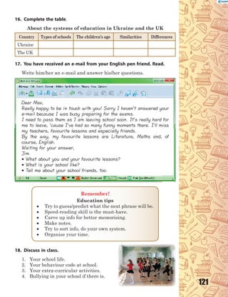 121
16. Complete the table.
About the systems of education in Ukraine and the UK
Country Types of schools The children’s age Similarities Differences
Ukraine
The UK
17. You have received an e-mail from your English pen friend. Read.
Write him/her an e-mail and answer his/her questions.
Dear Max,
Really happy to be in touch with you! Sorry I haven’t answered your
e-mail because I was busy preparing for the exams.
I need to pass them as I am leaving school soon. It’s really hard for
me to leave, ’cause I’ve had so many funny moments there. I’ll miss
my teachers, favourite lessons and especially friends.
By the way, my favourite lessons are Literature, Maths and, of
course, English.
Waiting for your answer,
Jim
 What about you and your favourite lessons?
 What is your school like?
 Tell me about your school friends, too.
Remember!
Education tips
 Try to guess/predict what the next phrase will be.
 Speed-reading skill is the must-have.
 Carve up info for better memorising.
 Make notes.
 Try to sort info, do your own system.
 Organise your time.
18. Discuss in class.
1. Your school life.
2. Your behaviour code at school.
3. Your extra-curricular activities.
4. Bullying in your school if there is.
 