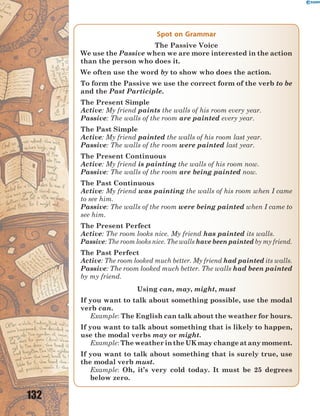 132
Spot on Grammar
The Passive Voice
We use the Passive when we are more interested in the action
than the person who does it.
We often use the word by to show who does the action.
To form the Passive we use the correct form of the verb to be
and the Past Participle.
The Present Simple
Active: My friend paints the walls of his room every year.
Passive: The walls of the room are painted every year.
The Past Simple
Active: My friend painted the walls of his room last year.
Passive: The walls of the room were painted last year.
The Present Continuous
Active: My friend is painting the walls of his room now.
Passive: The walls of the room are being painted now.
The Past Continuous
Active: My friend was painting the walls of his room when I came
to see him.
Passive: The walls of the room were being painted when I came to
see him.
The Present Perfect
Active: The room looks nice. My friend has painted its walls.
Passive: The room looks nice. The walls have been painted by my friend.
The Past Perfect
Active: The room looked much better. My friend had painted its walls.
Passive: The room looked much better. The walls had been painted
by my friend.
Using can, may, might, must
If you want to talk about something possible, use the modal
verb can.
Example: The English can talk about the weather for hours.
If you want to talk about something that is likely to happen,
use the modal verbs may or might.
Example:The weather in the UK may change at any moment.
If you want to talk about something that is surely true, use
the modal verb must.
Example: Oh, it’s very cold today. It must be 25 degrees
below zero.
 