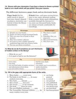 133
14. Discuss with your classmates: if you have a chance to choose a printed
book or an e-book which will you prefer? Give your reasons.
The difference between a paper book and an electronic book.
Paper book (feel its
smell; touch it; doesn’t
hurt eyes; doesn’t depend
on plug-in, electricity; can
borrow it from the library
immediately).
E-book (time- and space-saving device;
easy to use, carry; pleasant reading
from a screen; keeps much information;
available through the Internet; it
can store one thousand books; books
are always at hand; comfortable for
travelling).
Advantages Disadvantages
1. E-books are very handy.
2. Pupils use them instead of printed books.
3. They can store lots of books in their
memory.
4. They have modern software.
5. It is easy to carry e-books instead of
traditional bags with lots of heavy books.
6. You can use them everywhere.
1. They have a small
screen.
2. Nowadays they are
expensive.
3. They need electricity.
4. They hurt eyes.
15. What do we do if sometimes we can’t find books
of modern writers in the library?
— What do we use?
— Is it good or bad to use the Internet?
For Against
- saves time;
- very fast;
- you can find books of modern writers
and information about them;
- you can work at home.
- bad for eyes, back;
- insomnia;
- you cannot use it everywhere;
- needs electricity;
- we pay money.
16. Fill in the gaps with appropriate forms of the verbs.
1. Many books _____ every year.
2. The books in our library _____ by many
students every day.
3. This book _____ already _____.
4. This article _____ last year.
5. The novels _____ at the moment.
6. The book _____ when he came.
7. The new English textbooks _____ now.
8. The Vernadskyi National Library _____ by
many readers every year.
a. are being
printed
b. is visited
c. are printed
d. was published
e. are being read
f. was being read
g. are borrowed
h. has been printed
 