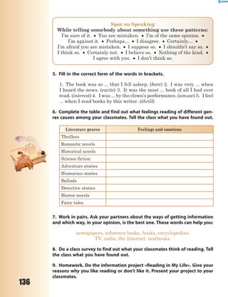 136
Spot on Speaking
While telling somebody about something use these patterns:
I’m sure of it.  You are mistaken.  I’m of the same opinion. 
I’m against it.  Perhaps…  I disagree.  Certainly… 
I’m afraid you are mistaken.  I suppose so.  I shouldn’t say so. 
I think so.  Certainly not.  I believe so.  Nothing of the kind. 
I agree with you.  I don’t think so.
5. Fill in the correct form of the words in brackets.
1. The book was so ... that I fell asleep. (bore) 2. I was very ... when
I heard the news. (excite) 3. It was the most ... book of all I had ever
read. (interest) 4. I was ... by the clown’s performance. (amuse) 5. I feel
... when I read books by this writer. (thrill)
6. Complete the table and find out what feelings reading of different gen-
res causes among your classmates. Tell the class what you have found out.
Literature genres Feelings and emotions
Thrillers
Romantic novels
Historical novels
Science fiction
Adventure stories
Humorous stories
Ballads
Detective stories
Horror novels
Fairy tales
7. Work in pairs. Ask your partners about the ways of getting information
and which way, in your opinion, is the best one. These words can help you:
newspapers, reference books, books, encyclopedias,
TV, radio, the Internet, textbooks.
8. Do a class survey to find out what your classmates think of reading. Tell
the class what you have found out.
9. Homework. Do the information project «Reading in My Life». Give your
reasons why you like reading or don’t like it. Present your project to your
classmates.
 