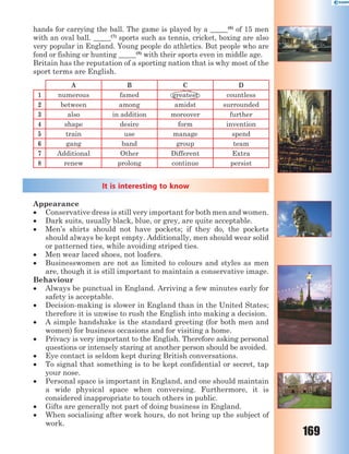 169
hands for carrying the ball. The game is played by a _____(6)
of 15 men
with an oval ball. _____(7)
sports such as tennis, cricket, boxing are also
very popular in England. Young people do athletics. But people who are
fond or fishing or hunting _____(8)
with their sports even in middle age.
Britain has the reputation of a sporting nation that is why most of the
sport terms are English.
A B C D
1 numerous famed greatest countless
2 between among amidst surrounded
3 also in addition moreover further
4 shape desire form invention
5 train use manage spend
6 gang band group team
7 Additional Other Different Extra
8 renew prolong continue persist
It is interesting to know
Appearance
 Conservative dress is still very important for both men and women.
 Dark suits, usually black, blue, or grey, are quite acceptable.
 Men’s shirts should not have pockets; if they do, the pockets
should always be kept empty. Additionally, men should wear solid
or patterned ties, while avoiding striped ties.
 Men wear laced shoes, not loafers.
 Businesswomen are not as limited to colours and styles as men
are, though it is still important to maintain a conservative image.
Behaviour
 Always be punctual in England. Arriving a few minutes early for
safety is acceptable.
 Decision-making is slower in England than in the United States;
therefore it is unwise to rush the English into making a decision.
 A simple handshake is the standard greeting (for both men and
women) for business occasions and for visiting a home.
 Privacy is very important to the English. Therefore asking personal
questions or intensely staring at another person should be avoided.
 Eye contact is seldom kept during British conversations.
 To signal that something is to be kept confidential or secret, tap
your nose.
 Personal space is important in England, and one should maintain
a wide physical space when conversing. Furthermore, it is
considered inappropriate to touch others in public.
 Gifts are generally not part of doing business in England.
 When socialising after work hours, do not bring up the subject of
work.
 