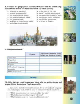 191
8. Compare the geographical positions of Ukraine and the United King-
dom of Great Britain and Northern Ireland. Say which country:
 is larger in territory;  is the drier of the two;
 is more mountainous;  doesn’t include any islands;
 has more climatic zones;  has a smaller number of seas;
 has more rivers and lakes;  has deeper rivers and seas;
 has longer rivers;  has higher mountains;
 is richer in animals and birds;  is richer in flowers.
 is the best in the world;
9. Complete the table.
Ukraine
The United Kingdom of Great
Britain and Northern Ireland
Total area
Population
Nationalities
Capital
Official state language
Currency
Other major cities
Writing
10. Write back an e-mail to your pen friend who has written to you and
answer his/her 3 questions. This is a part of it:
… Last year I started learning Ukrainian. It’s a very difficult language
but I’m trying my best. I’d like to come to Ukraine one day to practise it. …
 Which season would you recommend for the trip?
 What places are worth seeing in Ukraine?
 What region would you recommend to visit, why?
 