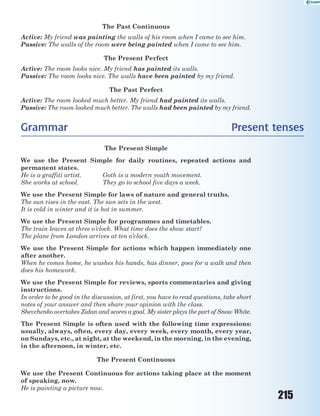 215
The Past Continuous
Active: My friend was painting the walls of his room when I came to see him.
Passive: The walls of the room were being painted when I came to see him.
The Present Perfect
Active: The room looks nice. My friend has painted its walls.
Passive: The room looks nice. The walls have been painted by my friend.
The Past Perfect
Active: The room looked much better. My friend had painted its walls.
Passive: The room looked much better. The walls had been painted by my friend.
Grammar Present tenses
The Present Simple
We use the Present Simple for daily routines, repeated actions and
permanent states.
He is a graffiti artist. Goth is a modern youth movement.
She works at school. They go to school five days a week.
We use the Present Simple for laws of nature and general truths.
The sun rises in the east. The sun sets in the west.
It is cold in winter and it is hot in summer.
We use the Present Simple for programmes and timetables.
The train leaves at three o’clock. What time does the show start?
The plane from London arrives at ten o’clock.
We use the Present Simple for actions which happen immediately one
after another.
When he comes home, he washes his hands, has dinner, goes for a walk and then
does his homework.
We use the Present Simple for reviews, sports commentaries and giving
instructions.
In order to be good in the discussion, at first, you have to read questions, take short
notes of your answer and then share your opinion with the class.
Shevchenko overtakes Zidan and scores a goal. My sister plays the part of Snow White.
The Present Simple is often used with the following time expressions:
usually, always, often, every day, every week, every month, every year,
on Sundays, etc., at night, at the weekend, in the morning, in the evening,
in the afternoon, in winter, etc.
The Present Continuous
We use the Present Continuous for actions taking place at the moment
of speaking, now.
He is painting a picture now.
 