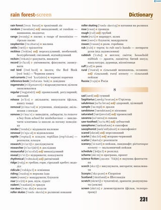 231
rain forest-screen Dictionary
rain forest [`ren f5rst] n тропічний ліс
random [`r0nd3m] adj випадковий; at random —
навмання, наздогад
range [rend4] n пасмо; a range of mountains —
гірське пасмо
raspberries [`r%:zb3rz] n малина
rattle [`r0tl] v тріскотіти
reckless [`rekl3s] adj нерозсудливий, необачний;
безтурботний; сміливий, відчайдушний
reckon [`rek3n] v рахувати, вважати
record [r'k1:d] v увічнювати; фіксувати; запису-
вати
red bird [`red b-:d] n іволга; the Red Book
[red bk] — Червона книга
red currants [`red `k2r(3)nts] n червоні порички
reference book [`ref3r3ns bk] n довідник
regenerate [r`d4en3ret] v відроджуватися; цілком
оновлюватися
regular [`regjl3(r)] adj правильний, регулярний;
звичний
release [r'li:s] v звільняти; випускати (фільм,
книгу тощо)
removal [r`mu:v3l] n усунення, ліквідація; звіль-
нення з посади
remove [r`mu:v] v виводити, забирати; to remove
a boy from school for misbehaviour — виклю-
чити хлопчика із школи за погану поведін-
ку
render [`rend3] v віддавати належне
renewal [r`nju:3l] n відновлення
reptile [`reptal] n плазун; reptilian [rep`tl3n] —
рептилія; плазун
research [r's-:t6] v досліджувати
researcher [r's-:t63(r)] n дослідник
resourceful [r`s1:sf3l] adj винахідливий
reveal [r`vi:l] v відкривати; показувати
rhythmical [`r9mk3l] adj ритмічний
ridge [rd4] n гребінь гори; гірський хребет; водо-
діл
ridicule [`rdkju:l] n осміяння
riding [`rad8] n верхова їзда
roam [r3m] v мандрувати; блукати
roar [r1:(r)] n рев, шум, гуркіт
rodent [`r3d3nt] n гризун
roe deer [`r3 di3] n козуля
roller skates [`r3l3 skets] n роликові ковзани
roller skating [`r3l3 sket8] n катання на роликах
rose [r3z] n троянда
rough [r2f] adj грубий
route [ru:t] n маршрут, шлях
rove [r3v] v блукати; мандрувати
rowan [`r33n] n розм. горобина
rub [r2b] v терти; to rub one’s hands — потирати
руки (від задоволення)
rubbish [`r2b6] n мотлох; сміття; household
rubbish — дрантя, лахміття; битий посуд;
макулатура; дурниця, нісенітниця
ruff [r2f] n рюш
rural [`r3r3l] n сільський мешканець, селянин;
adj сільський; rural scenery — сільський
пейзаж
Russia [`r263] n Росія
S
sad [s0d] adj сумний
Sagittarius [~s0d4`te3r3s] n Стрілець
salubrious [s3'lu:br3s] adj здоровий, цілющий
sample [`s%:mpl] n зразок
sandstone [`s0ndst3n] n пісковик
saturated [`s0t63retd] adj промоклий
savanna [s3`v0n3] n савана
saw-toothed [`s1:tu:7t] adj зубчастий
saxophone [`s0ks3f3n] n саксофон
saxophonist [s0k's5f(3)nst] n саксофоніст
scared [ske3d] adj переляканий
scarlet [`sk%:lt] adj яскраво-червоний
scatter [`sk0t3] v розсипати
scenery [`si:n3ri] n пейзаж, ландшафт; picturesque
scenery — мальовничий пейзаж
schedule [`6edju:l] n розклад
scheme [ski:m] n програма, проект
science fiction [~sa3ns `fk6n] n наукова фантасти-
ка
scorch [sk1:t6] v висушувати, вигоряти; випалюва-
ти
Scorpio [`sk1:p3] n Скорпіон
Scotland [`sk5tl3nd] n Шотландія
scratch [skr0t6] v чухати(ся), дряпати; розпушува-
ти (землю)
screen [skri:n] v демонструвати (фільм, телепро-
граму)
 