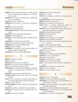233
supply-university Dictionary
supply [s3`pla] v постачати (щось — with); достав-
ляти; задовольняти (потреби); n постачан-
ня; поставка
supporter [s3`p1:t3(r)] n прихильник, прибічник;
той, хто підтримує
surprise [s3`praz] v дивувати
suspension [s3s`pen63n] n тимчасове припинен-
ня
swallow [`sw5l3] n ластівка
swap [sw5p] v обмінюватися
swear (swore; sworn) [swe3(r)] v присягати(ся), кля-
стися
sweatshirt [`swet6-:t] n бавовняний светр
Sweden [`swi:dn] n Швеція
sweeping [`swi:p8] adj широкий; плавний, округ-
лий
sweet brier [`swi:tbra3(r)] n шипшина
swish [sw6] v розсікати повітря з посвистом
Switzerland [`swts3l3nd] n Швейцарія
Sydney [`sdni] n Сідней
sympathetic [~smp3`7etk] adj співчутливий, до-
брозичливий, симпатичний
symphonic [sm'f5nk] adj симфонічний
T
tabloid [`t0bl1d] n таблоїд
tail [tеl] n хвіст
tambourine [~t0mb3'ri:n] n тамбурин
tantrum [`t0ntr3m] n спалах роздратування
tarn [t%:n] n невелике гірське озеро
Tartar (Tatar) [`t%:t3(r)] adj татарський; n татарин,
татарка; татарська мова; the Tartars — та-
тари
Tasmania [t0z`men3] n острів Тасманія
Tasmanian devil [t0z`men3n `devl] n сумчастий
диявол
taunt [t1:nt] v глузувати, говорити ущипливі сло-
ва, кидати образливі докори; дражнити
Taurus [`t1:r3s] n Телець
technical college [`teknkl k5ld4] n технічний ко-
ледж
temper [`temp3(r)] n запальність, дратівливість
temperate [`temp3r3t] adj помірний (про клі-
мат)
template [`templet] n шаблон
textbook [`tekstbk] n підручник
thaw [71:] v танути
theft [7eft] n крадіжка; злодійство; украдені речі,
крадене
thesis (pl. theses) [`7i:ss] n дисертація
thinker [`78k3(r)] n мислитель
thorn [71:n] n колючка, шип, шпичак
threat [7ret] n загроза; небезпека; threat of
famine — загроза (небезпека) голоду
threaten [`7retn] v загрожувати, бути загрозою (не-
безпекою); провіщати, віщувати
thrilled [`7rld] adj схвильований
thriller [`7rl3(r)] n трилер
thrush [7r26] n дрізд
thumb [72m] n великий палець (руки)
tincture [`t8kt63] n фарм. настойка
tiny [`tani] adj дуже маленький, крихітний; tiny
tot — карапуз
tiring [`ta3r8] adj виснажливий
tomb [tu:m] n надгробник, пам’ятник; склеп; мав-
золей; могила
tomtit [`t5mtt] n синиця
trace [tres] n слід
traditional [tr3`d6(3)n3l] adj традиційний
traverse [tr3`v-:s] v перетинати
trip [trp] v спотикатися
trombone [tr5m'b3n] n тромбон
tropical [`tr5pk3l] adj тропічний
trust [tr2st] n довіра, віра; обов’язок; відповідаль-
ність
truthfulness [`tru:7fln3s] n правдивість
tulip [`tju:lp] n тюльпан
tyrant [`ta3r3nt] n тиран; демон
U
Ukraine [ju:`kren] n Україна
ultimate [`2ltm3t] adj найвіддаленіший
unattended [~2n3`tendd] adj невідвідуваний; за-
лишений без догляду
unbroken [2n`br3k3n] adj непорушений; непід-
корений; нерозбитий
uneasy [2n`i:zi] adj неспокійний, тривожний
uninhabitable [~2nn`h0bt3bl] adj непридатний
для проживання
university [~ju:n'v-:s3t] n універститет
 