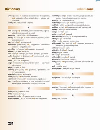 234
Dictionary urban-zone
urban [`-:b3n] n міський мешканець, городянин;
adj міський; urban population — міське на-
селення
utter [`2t3] v видавати (звуки)
V
vain [ven] adj пихатий, самозакоханий; зарозу-
мілий; поверховий; дурний
valuation [~v0lj`e63n] n оцінювання
variety [v3`ra3ti] n різноманітність; безліч; різно-
вид; вид; сорт
vast [v%:st] adj величезний
venomous [`ven3m3s] adj отруйний; venomous
snakes — отруйні змії
vermilion [v3`ml3n] adj яскраво-червоний
viewer [`vju:3(r)] n глядач
vine [van] n виноградна лоза; повзуча рослина
violet [`va3l3t] n фіалка; adj фіолетовий (ліло-
вий; бузковий)
violin [~va3'ln] n скрипка
virgin [`v-:d4n] n цілина; virgin forest — одвічний
ліс; праліс
Virgo [`v-:g3] n Діва
virtually [`v-:tj3li] adv реально, фактично, по
суті, насправді
vitamin [`vt3mn] n вітамін
vivid [`vvd] adj яскравий, жвавий
vocation [v3'ke63n] n покликання, професія
vote [v3t] v голосувати; to vote against — голосу-
вати проти; to vote for — голосувати за
W
waist [west] n талія; стан
Wales [welz] n Уельс
wander [`w5nd3] v блукати, мандрувати
warm-blooded [~w1:m`bl2dd] adj теплокровний
warmth [w1:m7] n тепло, теплота; сердечність; ду-
шевне (тепле) ставлення (до когось)
warn [w1:n] v попереджати
waterfall [`w1:t3f1:l] n водоспад; каскад
wattle [`w5tl] n австралійська акація (мімоза)
webbed [webd] adj перетинчастий, лапчастий
weekly [`wi:kli] n щотижневик
weight [wet] n вага
weird [w3d] adj дивний
well-wishing [`wel~w68] n доброзичливість
whirl [w-:l] v кружляти
whizz [wz] v швидко пронестися
widespread [`wadspred] adj широко розповсю-
джений; дуже поширений
willow [`wl3] n верба
wilted [`wltd] adj в’ялий
wing [w8] n крило
wit [wt] n дотепність
withered [`w93d] adj в’ялий
witness [`wtns] n свідчення
witty [`wti] adj розумний, здібний, дотепний, хи-
трий
wolf [wlf] n вовк
woodpecker [`wdpek3(r)] n дятел
X
xylophone [`zal3f3n] n ксилофон
Y
younger [`j28g3(r)] adj молодший; the younger —
молоде покоління, молоді
Z
zone [z3n] n зона
 