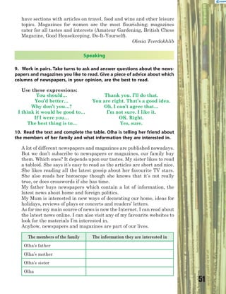 51
have sections with articles on travel, food and wine and other leisure
topics. Magazines for women are the most flourishing; magazines
cater for all tastes and interests (Amateur Gardening, British Chess
Magazine, Good Housekeeping, Do-It-Yourself).
Olesia Tverdokhlib
Speaking
9. Work in pairs. Take turns to ask and answer questions about the news-
papers and magazines you like to read. Give a piece of advice about which
columns of newspapers, in your opinion, are the best to read.
Use these expressions:
You should…
You’d better…
Why don’t you…?
I think it would be good to…
If I were you…
The best thing is to…
Thank you. I’ll do that.
You are right. That’s a good idea.
Oh, I can’t agree that…
I’m not sure. I like it.
OK. Right.
Yes, sure.
10. Read the text and complete the table. Olha is telling her friend about
the members of her family and what information they are interested in.
A lot of different newspapers and magazines are published nowadays.
But we don’t subscribe to newspapers or magazines, our family buy
them. Which ones? It depends upon our tastes. My sister likes to read
a tabloid. She says it’s easy to read as the articles are short and nice.
She likes reading all the latest gossip about her favourite TV stars.
She also reads her horoscope though she knows that it’s not really
true, or does crosswords if she has time.
My father buys newspapers which contain a lot of information, the
latest news about home and foreign politics.
My Mum is interested in new ways of decorating our home, ideas for
holidays, reviews of plays or concerts and readers’ letters.
As for me my main source of news is now the Internet. I can read about
the latest news online. I can also visit any of my favourite websites to
look for the materials I’m interested in.
Anyhow, newspapers and magazines are part of our lives.
The members of the family The information they are interested in
Olha’s father
Olha’s mother
Olha’s sister
Olha
 