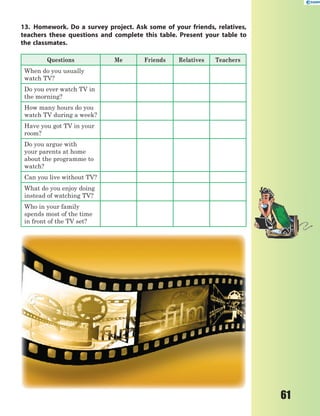 61
13. Homework. Do a survey project. Ask some of your friends, relatives,
teachers these questions and complete this table. Present your table to
the classmates.
Questions Me Friends Relatives Teachers
When do you usually
watch TV?
Do you ever watch TV in
the morning?
How many hours do you
watch TV during a week?
Have you got TV in your
room?
Do you argue with
your parents at home
about the programme to
watch?
Can you live without TV?
What do you enjoy doing
instead of watching TV?
Who in your family
spends most of the time
in front of the TV set?
 