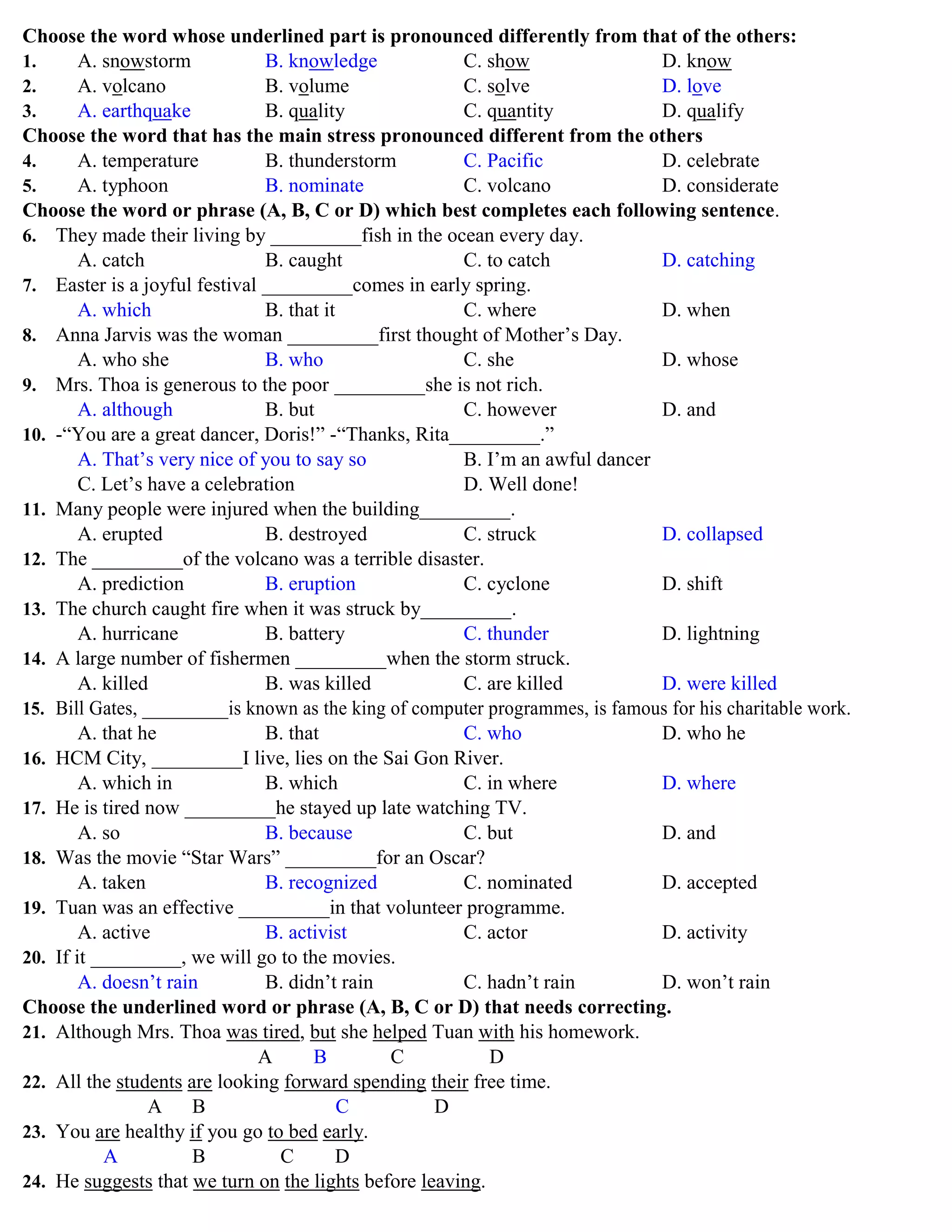 Choose the word whose underlined part is pronounced differently from that of the others:
1. A. snowstorm B. knowledge C. show D. know
2. A. volcano B. volume C. solve D. love
3. A. earthquake B. quality C. quantity D. qualify
Choose the word that has the main stress pronounced different from the others
4. A. temperature B. thunderstorm C. Pacific D. celebrate
5. A. typhoon B. nominate C. volcano D. considerate
Choose the word or phrase (A, B, C or D) which best completes each following sentence.
6. They made their living by _________fish in the ocean every day.
A. catch B. caught C. to catch D. catching
7. Easter is a joyful festival _________comes in early spring.
A. which B. that it C. where D. when
8. Anna Jarvis was the woman _________first thought of Mother‟s Day.
A. who she B. who C. she D. whose
9. Mrs. Thoa is generous to the poor _________she is not rich.
A. although B. but C. however D. and
10. -“You are a great dancer, Doris!” -“Thanks, Rita_________.”
A. That‟s very nice of you to say so B. I‟m an awful dancer
C. Let‟s have a celebration D. Well done!
11. Many people were injured when the building_________.
A. erupted B. destroyed C. struck D. collapsed
12. The _________of the volcano was a terrible disaster.
A. prediction B. eruption C. cyclone D. shift
13. The church caught fire when it was struck by_________.
A. hurricane B. battery C. thunder D. lightning
14. A large number of fishermen _________when the storm struck.
A. killed B. was killed C. are killed D. were killed
15. Bill Gates, _________is known as the king of computer programmes, is famous for his charitable work.
A. that he B. that C. who D. who he
16. HCM City, _________I live, lies on the Sai Gon River.
A. which in B. which C. in where D. where
17. He is tired now _________he stayed up late watching TV.
A. so B. because C. but D. and
18. Was the movie “Star Wars” _________for an Oscar?
A. taken B. recognized C. nominated D. accepted
19. Tuan was an effective _________in that volunteer programme.
A. active B. activist C. actor D. activity
20. If it _________, we will go to the movies.
A. doesn‟t rain B. didn‟t rain C. hadn‟t rain D. won‟t rain
Choose the underlined word or phrase (A, B, C or D) that needs correcting.
21. Although Mrs. Thoa was tired, but she helped Tuan with his homework.
A B C D
22. All the students are looking forward spending their free time.
A B C D
23. You are healthy if you go to bed early.
A B C D
24. He suggests that we turn on the lights before leaving.
 
