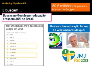 E buscam...
Buscas sobre educação foram
18 vezes maiores do que:
80,6 milhões de pessoas
buscam no Google
Marketing Digital nas IES
 