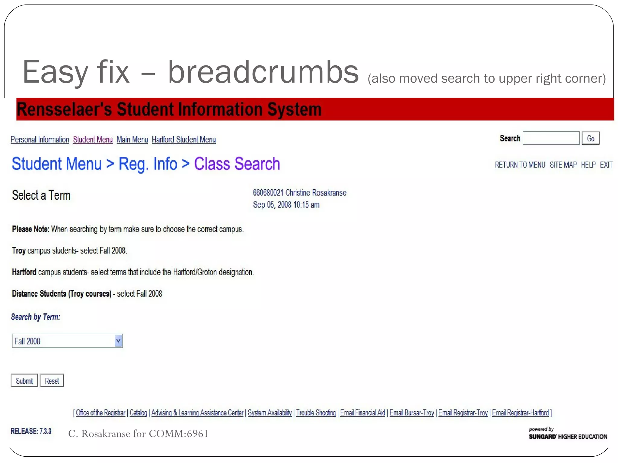 Easy fix – breadcrumbs  (also moved search to upper right corner) C. Rosakranse for COMM:6961 