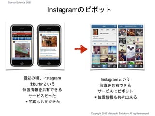 最初の頃、Instagram
はburbnという
位置情報を共有できる
サービスだった
＊写真も共有できた
Copyright 2017 Masayuki Tadokoro All rights reserved
Instagramのピボット
Instagramという
写真を共有できる
サービスにピボット
＊位置情報も共有出来る
Startup Science 2017
 
